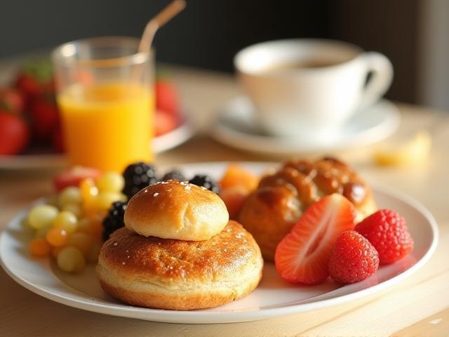 Breakfast spread featuring assorted pastries, fresh fruit, and a cup of specialty coffee