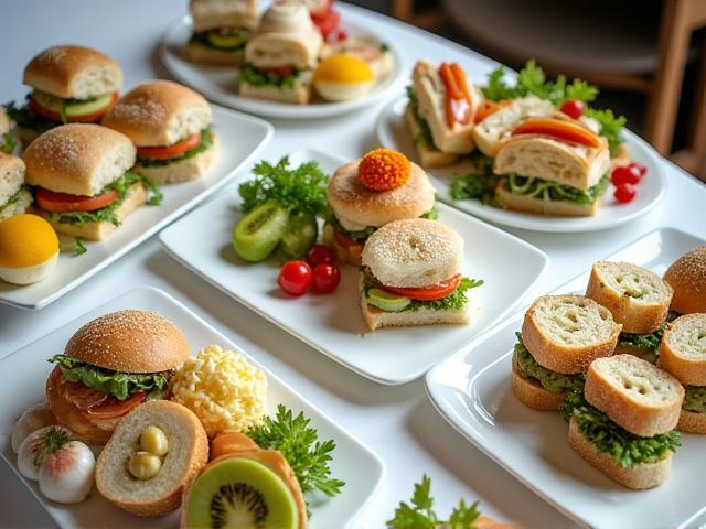 Gourmet lunch platters with sandwiches, mixed salads, and sweets elegantly presented