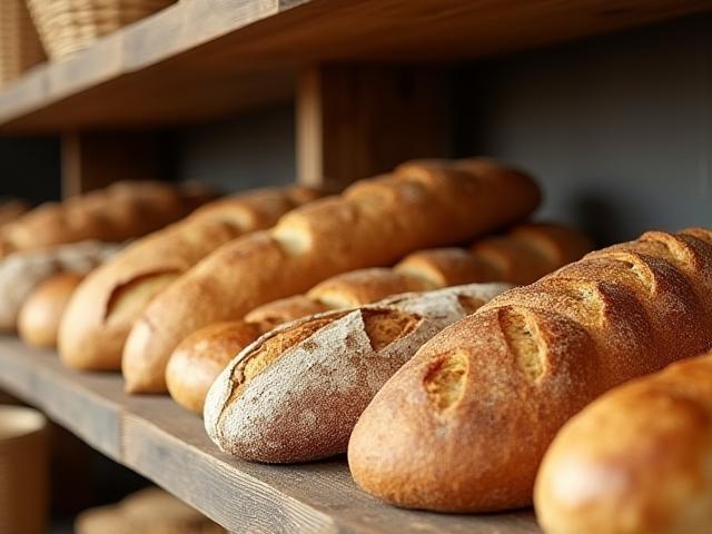 Display of freshly baked artisan breads and pastries on wooden shelves