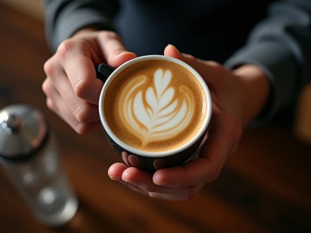 Barista expertly pouring latte art into ceramic cup
