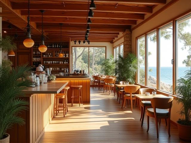 Cozy interior of Harbourview Café with warm lighting and wooden accents