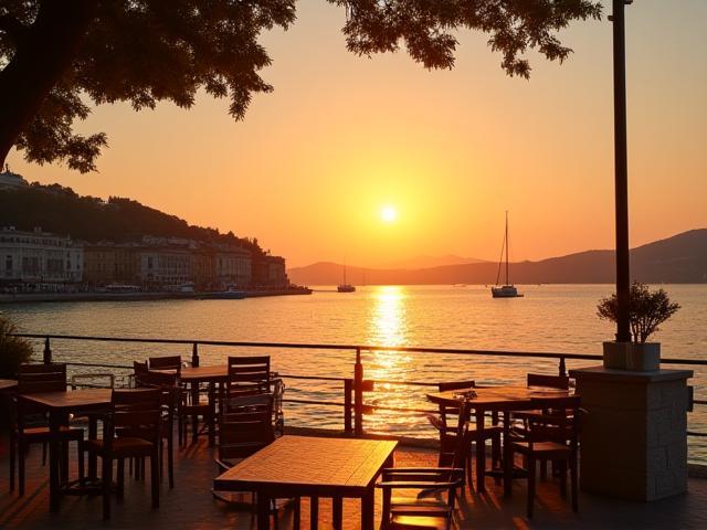 Sunset view over the harbour with Harbourview Café terrace in foreground
