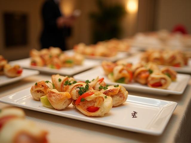 Catering setup at a corporate event with elegantly arranged platters and branded napkins