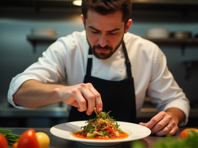 Chef plating a dish in the artisan kitchen with focused expression