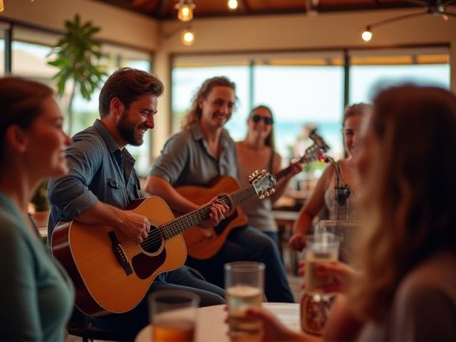 Community event with live acoustic music and smiling guests enjoying drinks