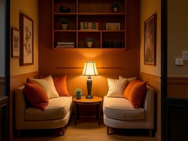Cozy corner in café with comfortable seating and low lighting, ideal for reading