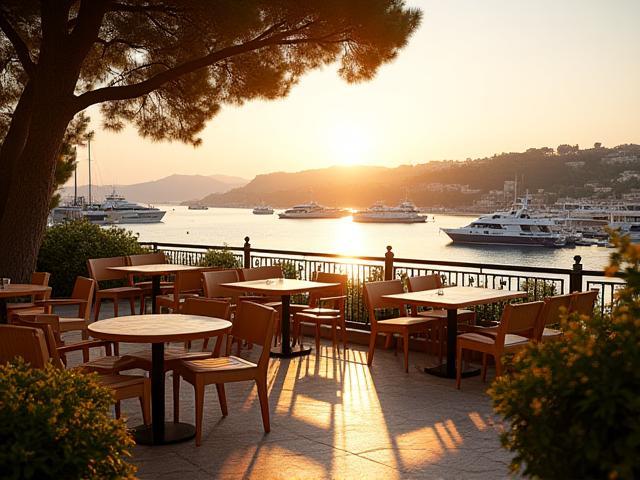 Outdoor seating area overlooking the harbour with soft evening light