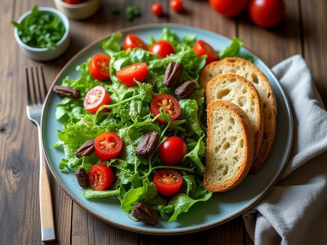 Lunch plate featuring a vibrant salad and artisan bread on a rustic table