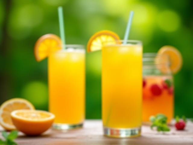 Refreshing summer drinks served outdoors with greenery background