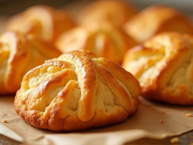 Close-up of flaky pastries fresh from the oven on brown parchment paper
