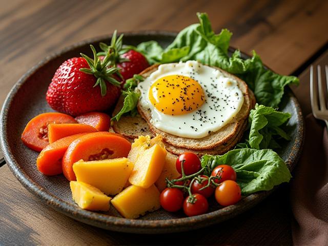 Artisan breakfast plate with fresh seasonal produce served on rustic ceramic ware