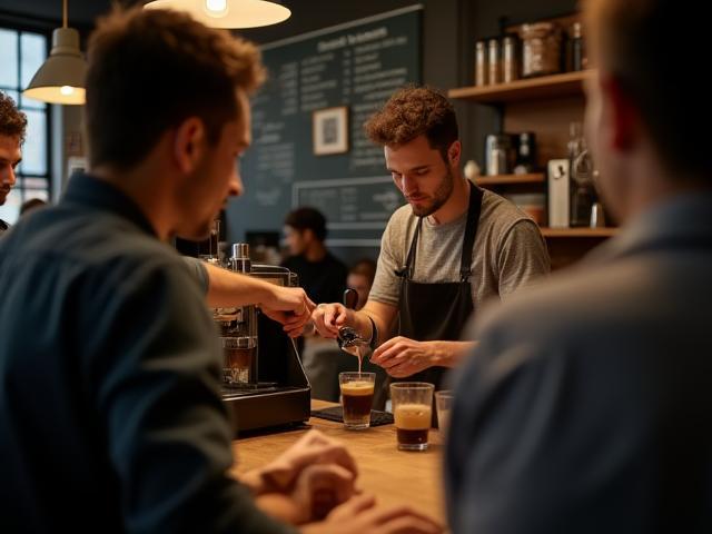 Barista training workshop with participants learning espresso techniques