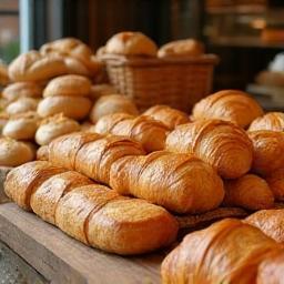 Freshly baked croissants, sourdough, and pastries on display