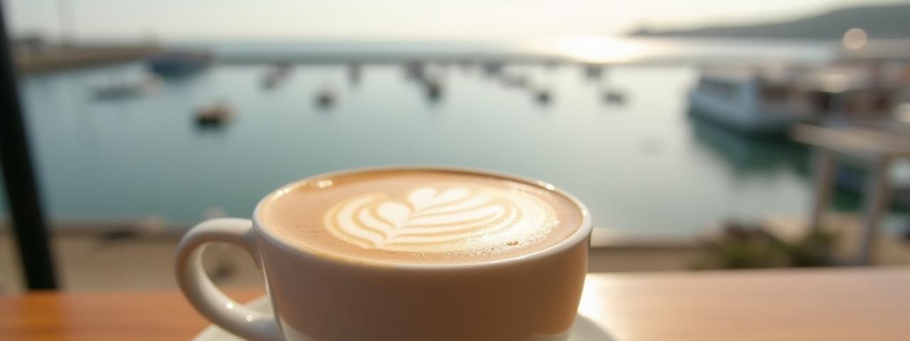 Panoramic harbour view with latte art in foreground at Harbourview Café