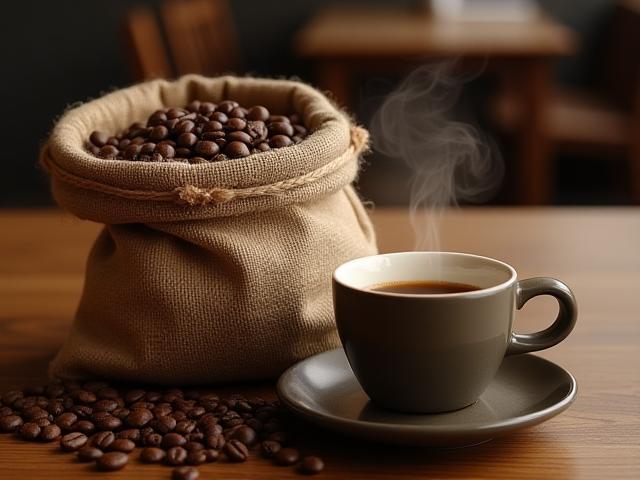 Featured seasonal single origin coffee beans in burlap sack and cup of brewed coffee