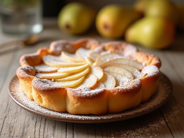 Seasonal pear and almond tart pastry topped with powdered sugar